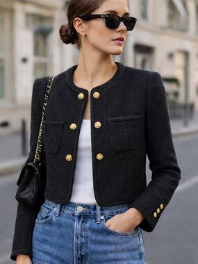 Black Tweed Jacket Gold Buttons Structured Parisian Style EU 38 / M Like New